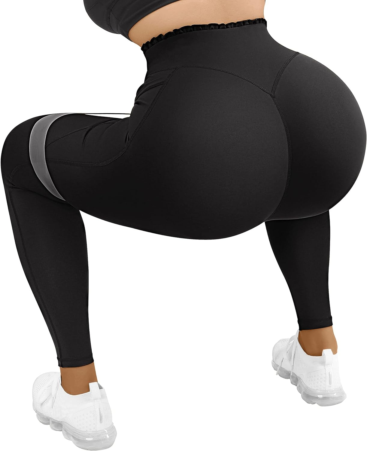 Women Ruffled Waist Butt Lifting Leggings with Pockets High Waisted Workout Yoga Pants(Large,Black-8)